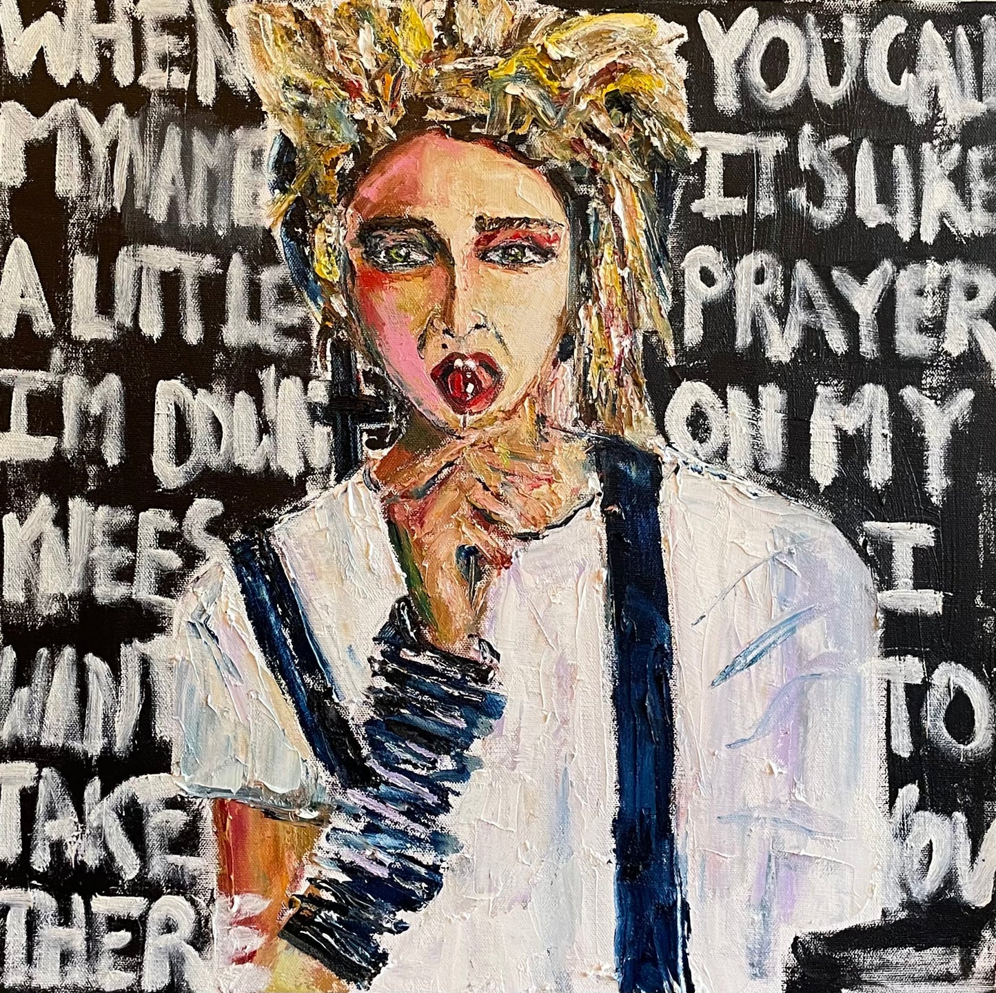 KPalm Fine Art Madonna Print with lyric s in backgound