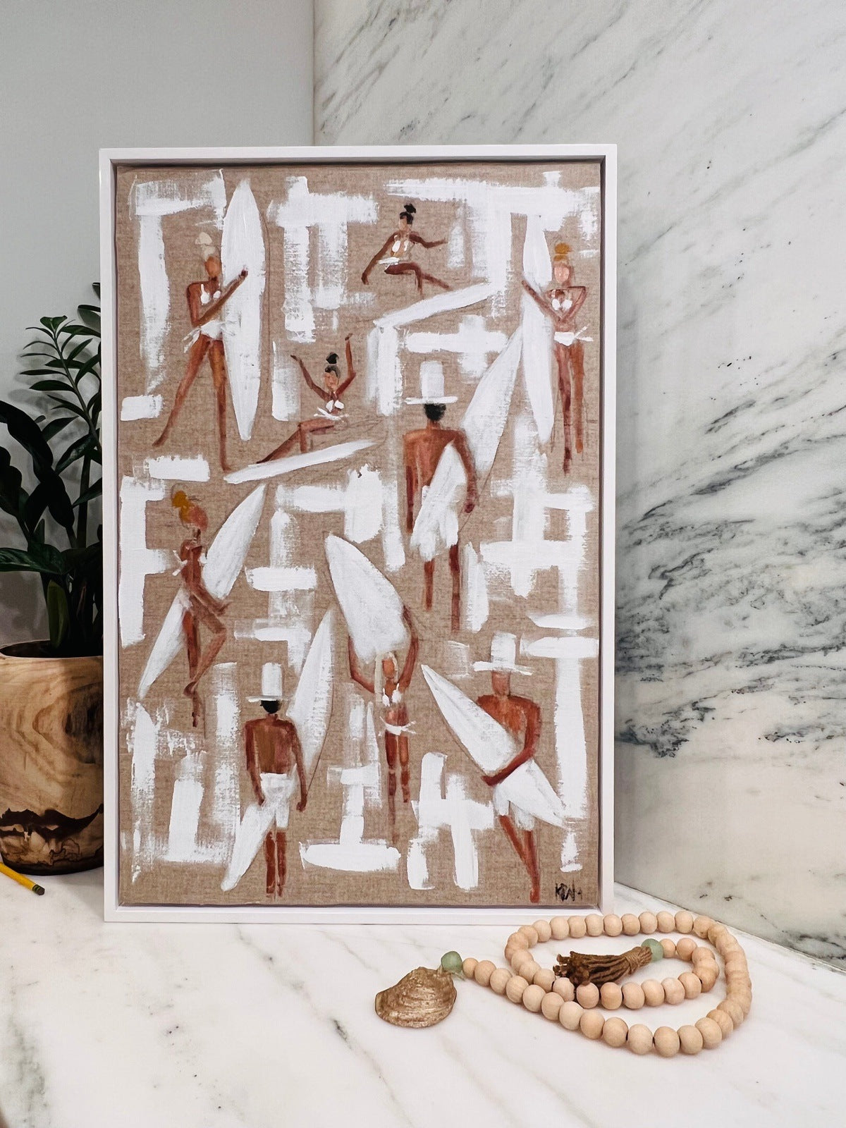 KPalm Fine Art surfers acrylic on linen in white lacquer frame