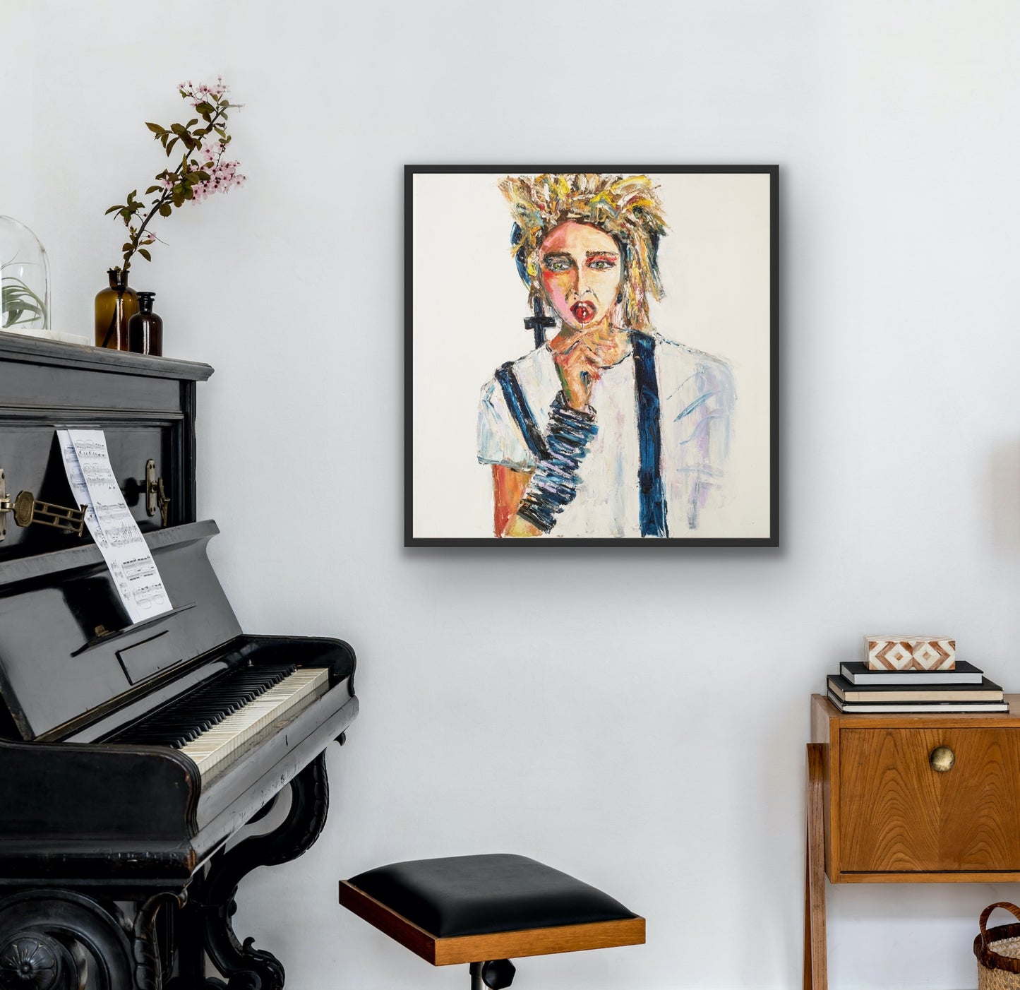 Kpalm Fine Art Madonna Print hanging by a piano